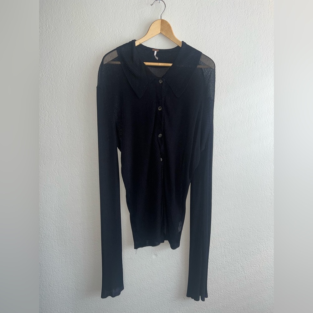 Free People Sheer Knit Collared Button-Up Top Size L